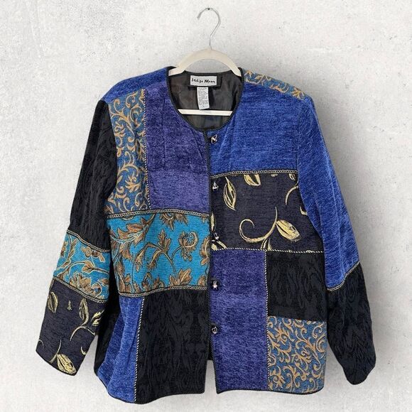 Indigo Moon Jacket Blue Velour Cardigan Carpet Style Button Front Size L - Picture 1 of 13